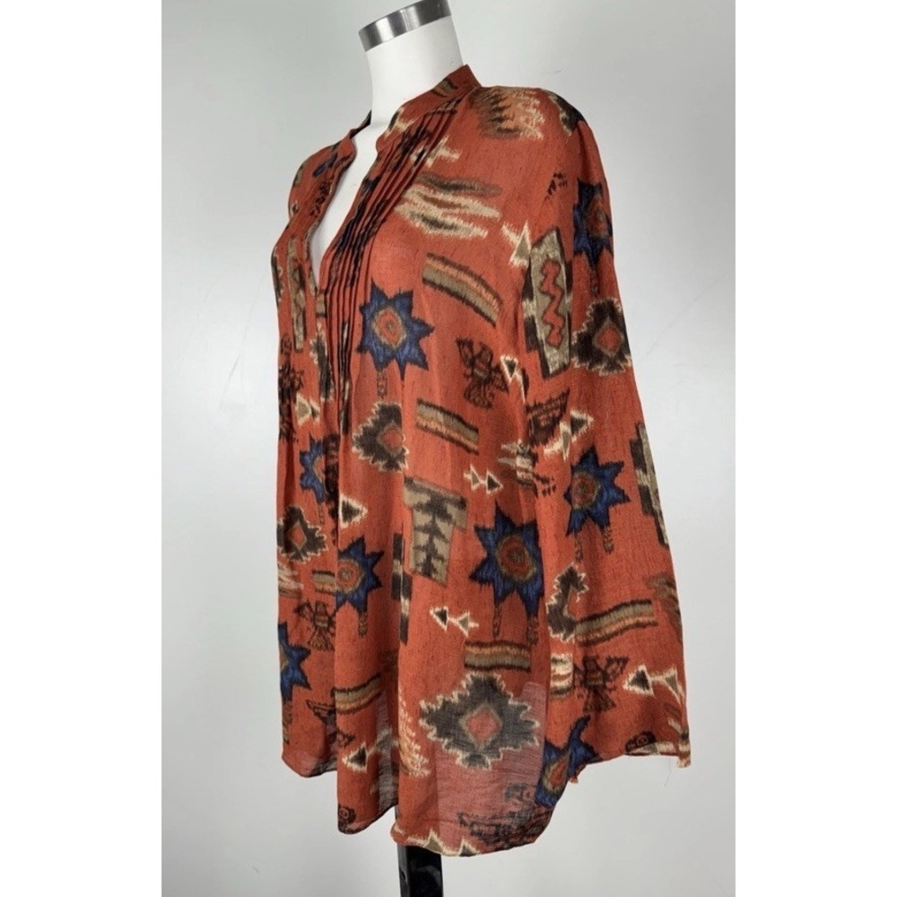 Lauren Ralph Lauren Blouse Women's 2X Silk Linen Southwestern Tribal Print Boho - Picture 3 of 5